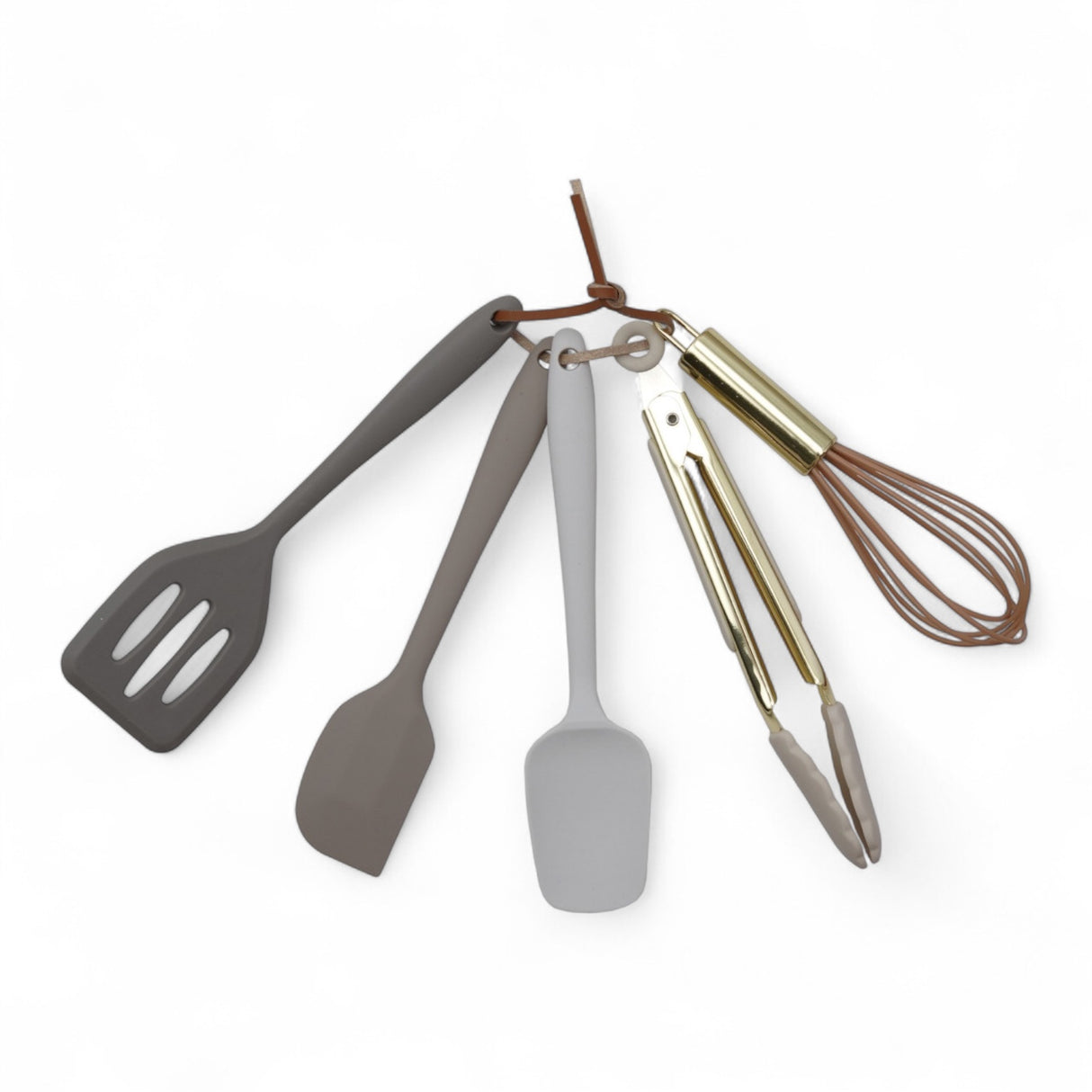Set of 5 mini silicone and gold finish kitchen tools in neutral colors