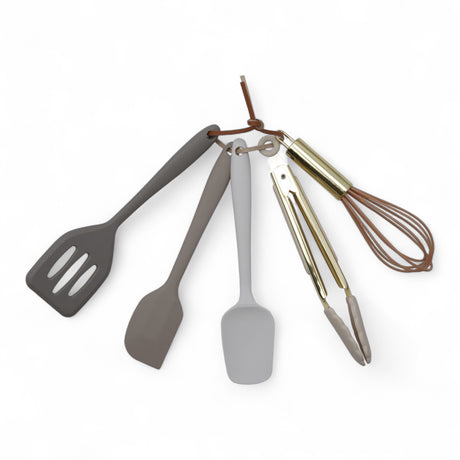 Set of 5 mini silicone and gold finish kitchen tools in neutral colors
