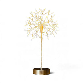  Mini freestanding dandelion light with 120 warm white LEDs, available in silver or gold, measuring 11 inches tall.