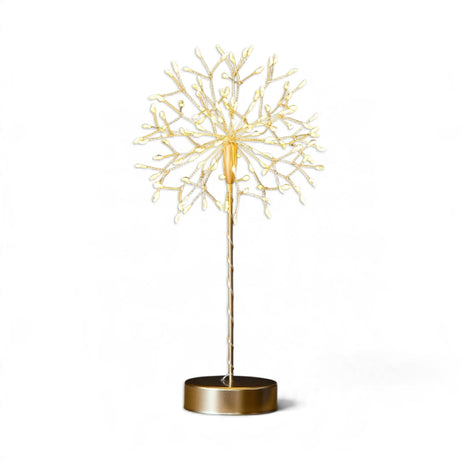  Mini freestanding dandelion light with 120 warm white LEDs, available in silver or gold, measuring 11 inches tall.