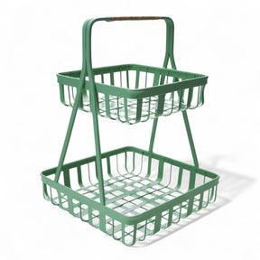 Mint green 2-tier metal tray with rattan handle for storage and display
