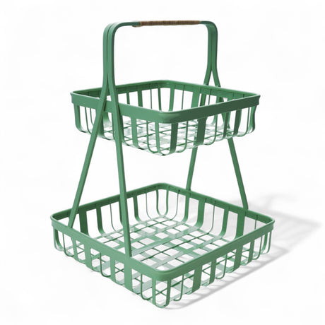 Mint green 2-tier metal tray with rattan handle for storage and display