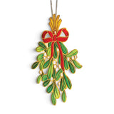 Mistletoe Christmas window suncatcher with translucent green leaves, white berries, red ribbon, and gold-tone hanging chain