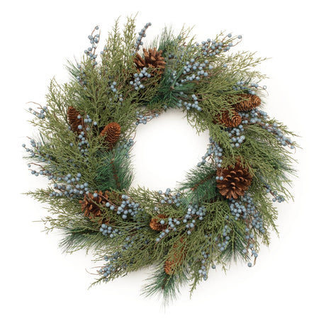 24-inch mixed pine wreath with pinecones and blue berries