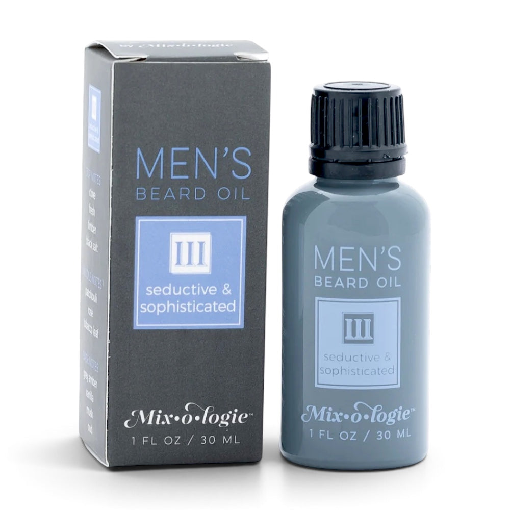 Mixologie Men’s III Seductive and Sophisticated beard oil with clove, tobacco leaf, vanilla, musk, amber, and oud