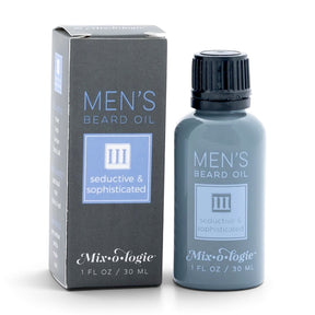 Mixologie Men’s III Seductive and Sophisticated beard oil with clove, tobacco leaf, vanilla, musk, amber, and oud