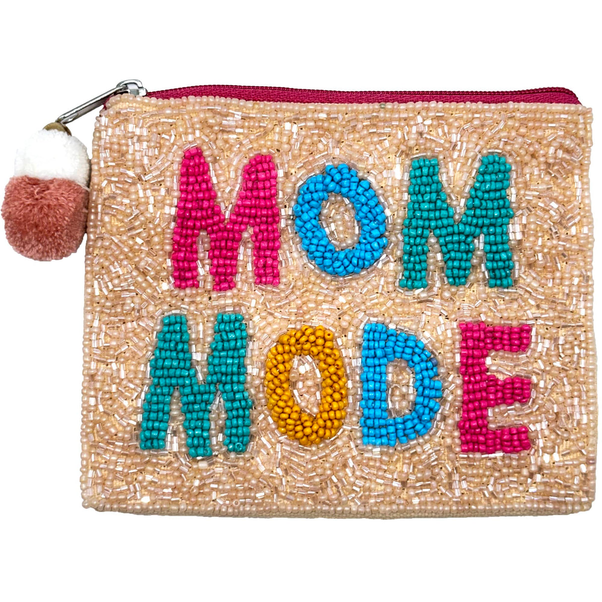 Mom Mode Beaded Coin Pouch with Pom-Pom Zipper