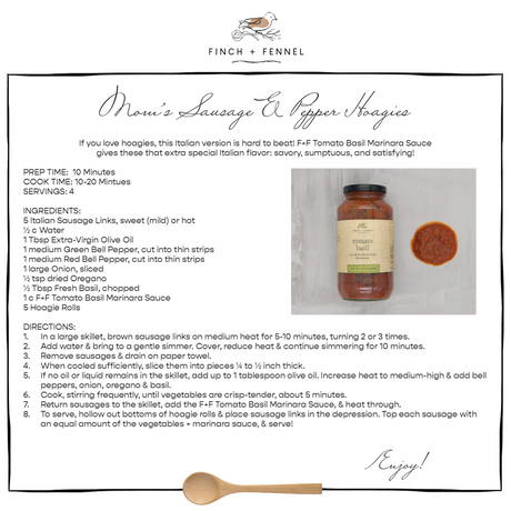 Sausage and pepper hoagies made with Finch + Fennel Tomato Basil Marinara Sauce