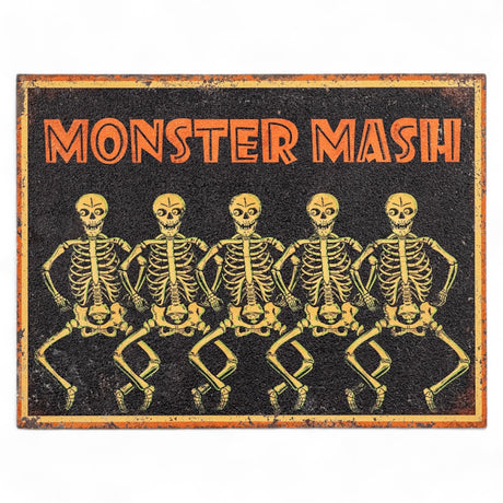 22" vintage-style Halloween sign with dancing skeletons and “Monster Mash” text