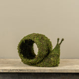 Moss-covered snail planter with open shell for plants and greenery