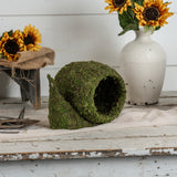 Moss-covered snail planter styled with flowers and neutral home decor