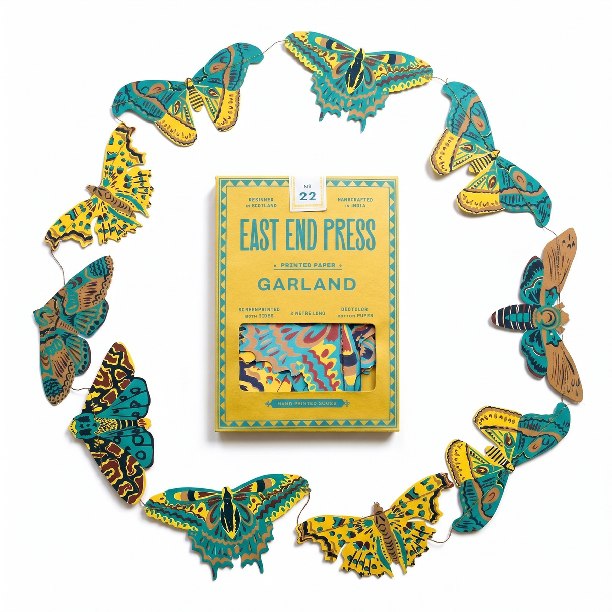 hand printed moth paper garland by East End Press