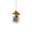Glass mushroom cookie jar ornament with painted mushrooms and gold lid