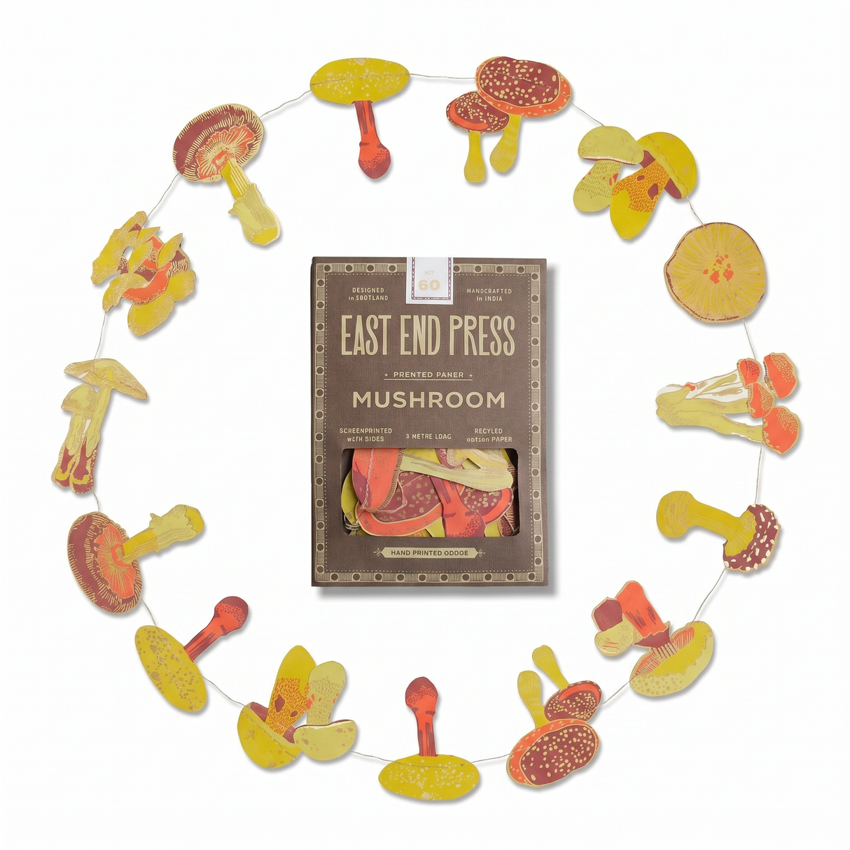 mushroom paper garland hand printed recycled woodland decor by East End Press