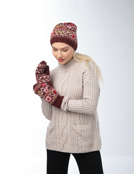 Knit Embroidered Floral Wool Mittens