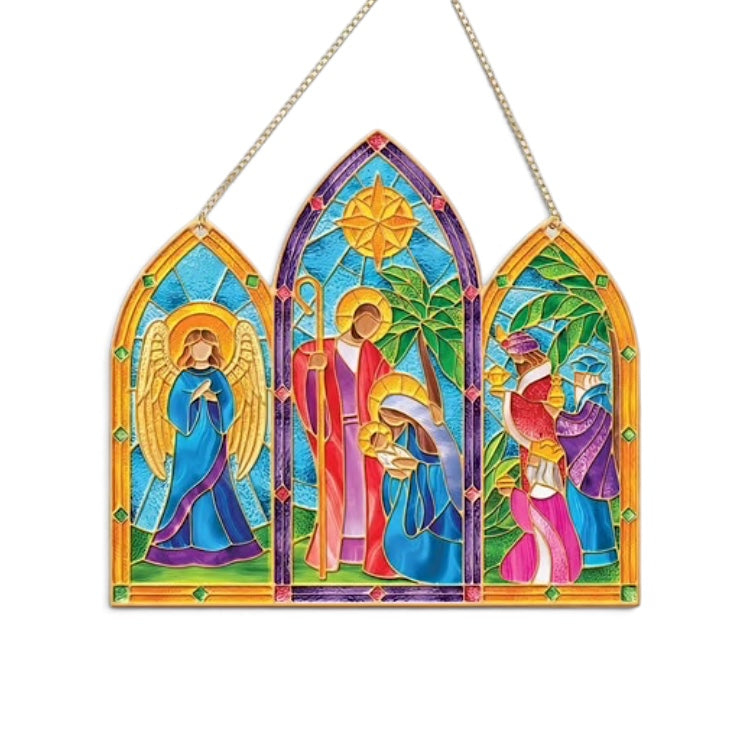 Nativity Christmas window suncatcher with Mary, Joseph, baby Jesus, angel, Wise Men, and Star of Bethlehem