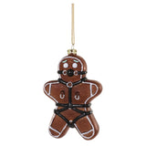 Naughty gingerbread man glass ornament with black harness and glitter details