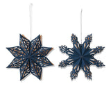 Navy and gold recycled paper snowflake ornaments in two styles, 6 inches tall