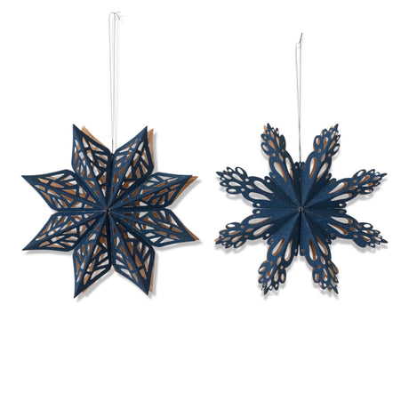 Navy and gold recycled paper snowflake ornaments in two styles, 6 inches tall