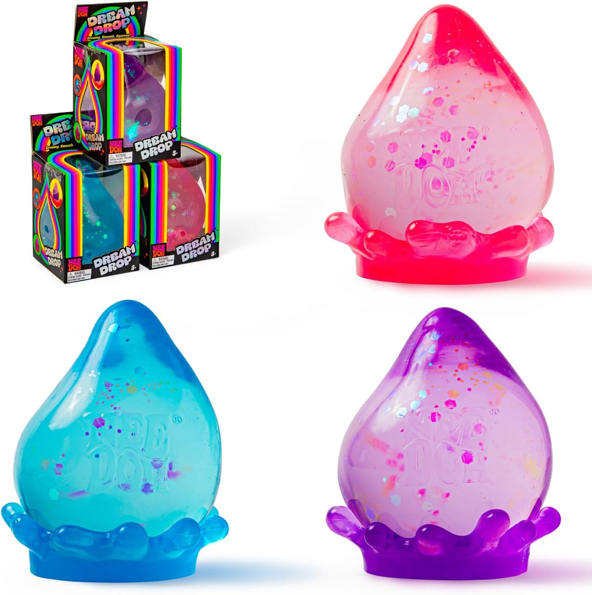 NeeDoh Dream Drop sensory fidget toy with sparkle filling and splash display stand