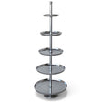 Tall nickel-finish aluminum display stand with five graduated round trays, raised rims, a central column, and a pedestal base
