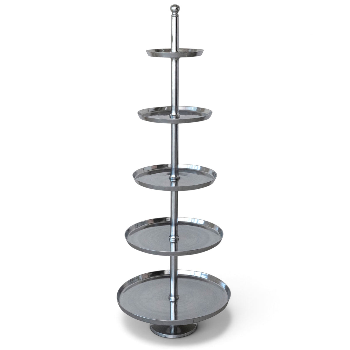 Tall nickel-finish aluminum display stand with five graduated round trays, raised rims, a central column, and a pedestal base