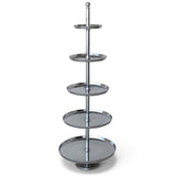 Tall nickel-finish aluminum display stand with five graduated round trays, raised rims, a central column, and a pedestal base