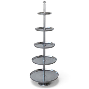 Tall nickel-finish aluminum display stand with five graduated round trays, raised rims, a central column, and a pedestal base