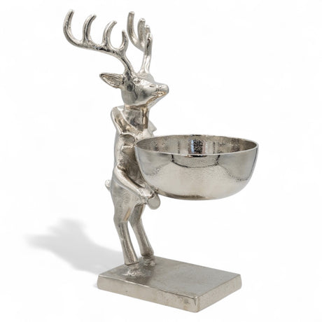 Cast aluminum deer holding bowl with silver finish, 13.75 inches tall