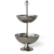 Nickel-finished cast aluminum two-tier bowl with graduated round bowls, a flared pedestal base, and a tall center post topped with a ring finial