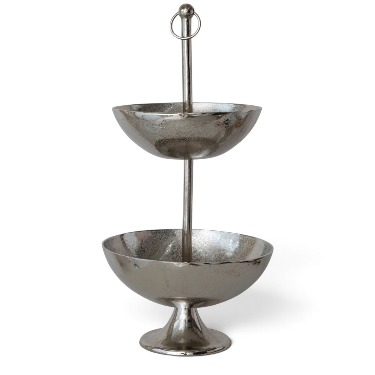 Nickel-finished cast aluminum two-tier bowl with graduated round bowls, a flared pedestal base, and a tall center post topped with a ring finial