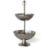 Nickel-finished cast aluminum two-tier bowl with graduated round bowls, a flared pedestal base, and a tall center post topped with a ring finial