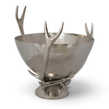 Nickel-finish cast aluminum bowl resting in a sculpted antler stand with textured branches and a round pedestal base