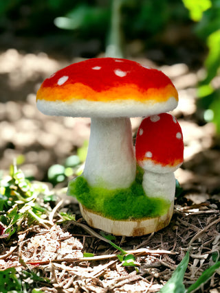 Felt Mushrooms on Wooden Base