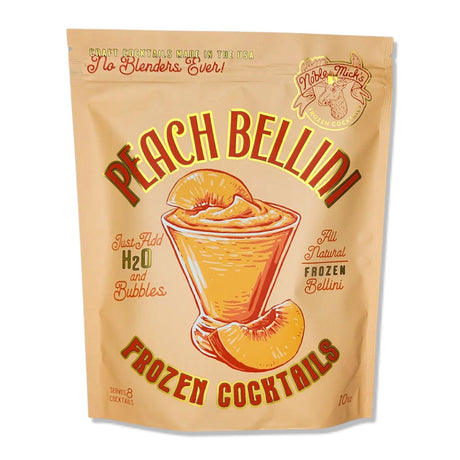 Frozen Peach Bellini cocktail mix pouch by Noble Mick’s, all natural frozen cocktail mix that makes 8 servings—just add prosecco and water.