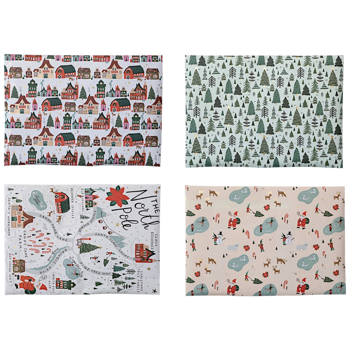 Set of 3 recycled wrapping paper sheets with North Pole holiday prints