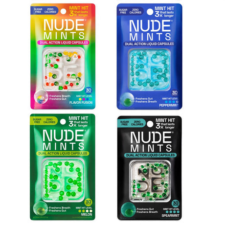 NUDE Mints dual action liquid capsules in peppermint, spearmint, melon, and flavor fusion for breath and digestive freshness