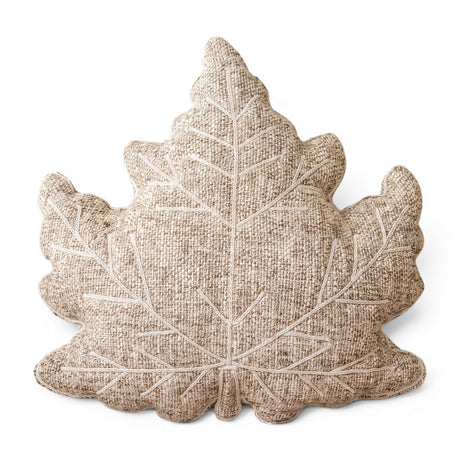 Oatmeal and sage tweed maple leaf pillow with embroidered details
