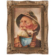 Framed wall art of old fisherman with pipe in ornate gold frame