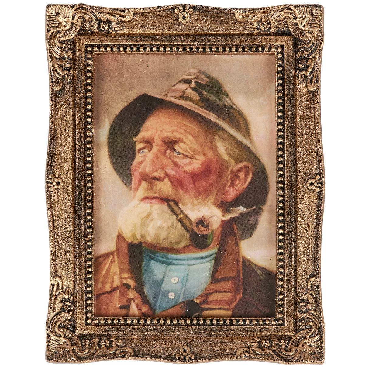 Framed wall art of old fisherman with pipe in ornate gold frame