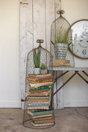 vintage style old gold chicken wire cloche domes for decorative book and plant displays
