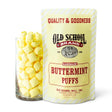Old School Brand Soft Yellow Buttermint Puffs in an 8-ounce yellow striped bag with creamy yellow mint candies