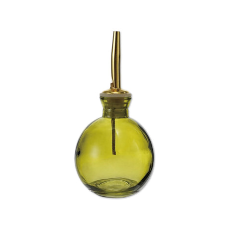 4 oz olive green glass bitters bottle with gold metal pour stopper for bar cart