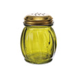 Olive green glass cheese and spice shaker with gold metal lid for kitchen table
