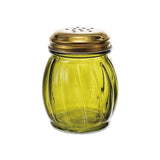 Olive green glass cheese and spice shaker with gold metal lid for kitchen table
