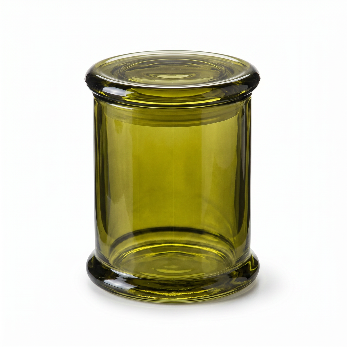Olive green glass jar with lid for qtips or small storage. A clean, stylish addition to bathroom or vanity organization.