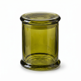 Olive green glass jar with lid for qtips or small storage. A clean, stylish addition to bathroom or vanity organization.