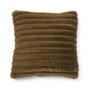 18-inch olive green faux fur accent pillow with wide horizontal ribbing and a removable cover