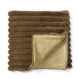 Olive green faux fur throw blanket with wide plush ribbing and a smooth coordinating reverse