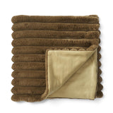 Olive green faux fur throw blanket with wide plush ribbing and a smooth coordinating reverse